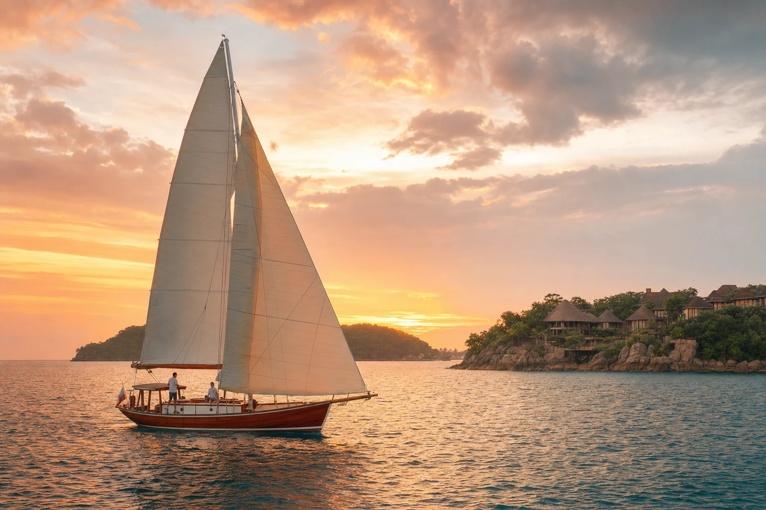A classic ketch sailing the bay at golden hour