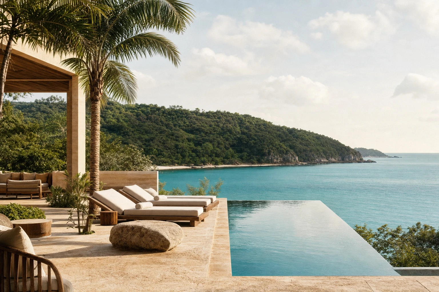 The bay seen from a terrace and infinity pool at Sapphire Bay