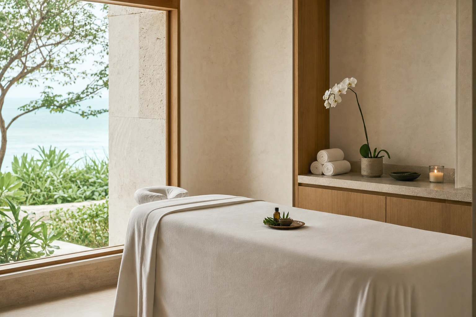 A spa treatment room open to the sea