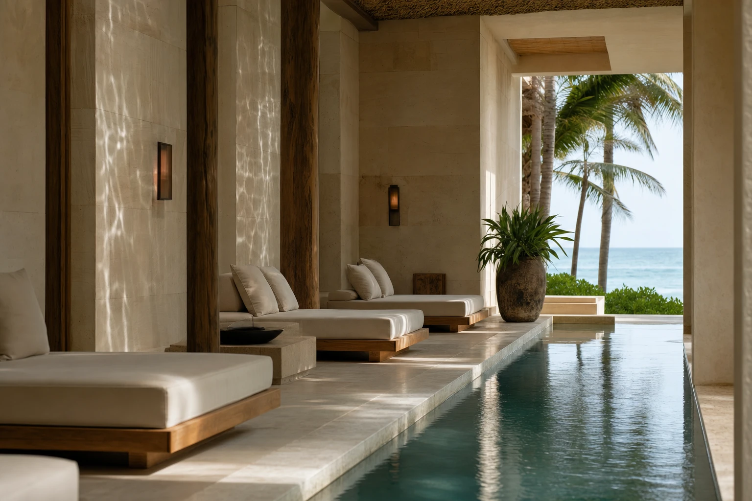 The spa relaxation lounge and reflecting pool
